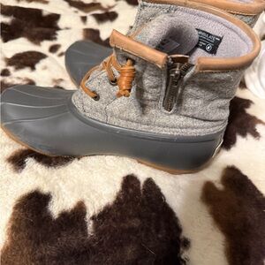 Gray and Brown Duck Boots